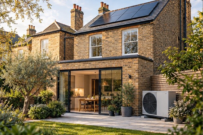 London home with solar panels and heat pump